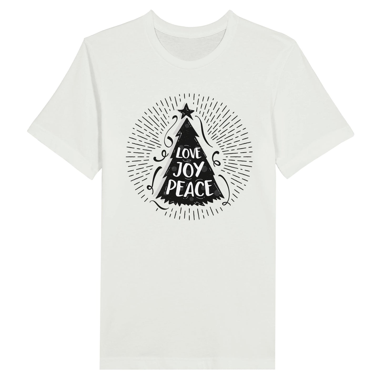 An image of Love Joy Peace (Christmas Tree) | Premium Unisex Christian T-shirt available at 3rd Day Christian Clothing UK