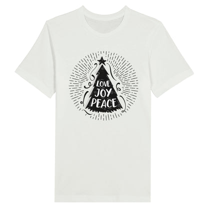 An image of Love Joy Peace (Christmas Tree) | Premium Unisex Christian T-shirt available at 3rd Day Christian Clothing UK